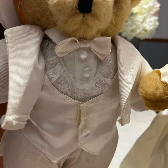 Wedding Teddy Bear Couple in Cream Outfits. Bride. Groom.